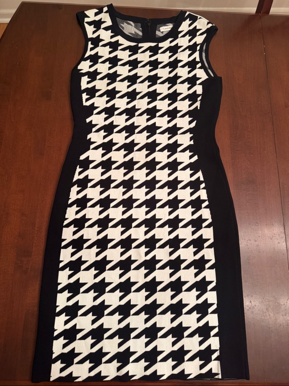 Calvin Klein Black and White Houndstooth Midi Sheath Dress